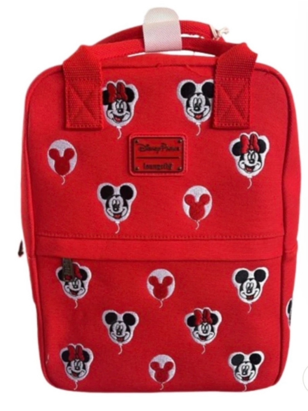 Loungefly Disney Parks Red Canvas Mickey & Minnie Balloon Heads Backpack
